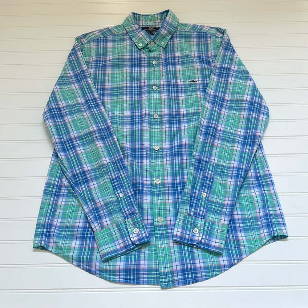 Vineyard Vines Blue & Green Plaid Button Down Boys Medium